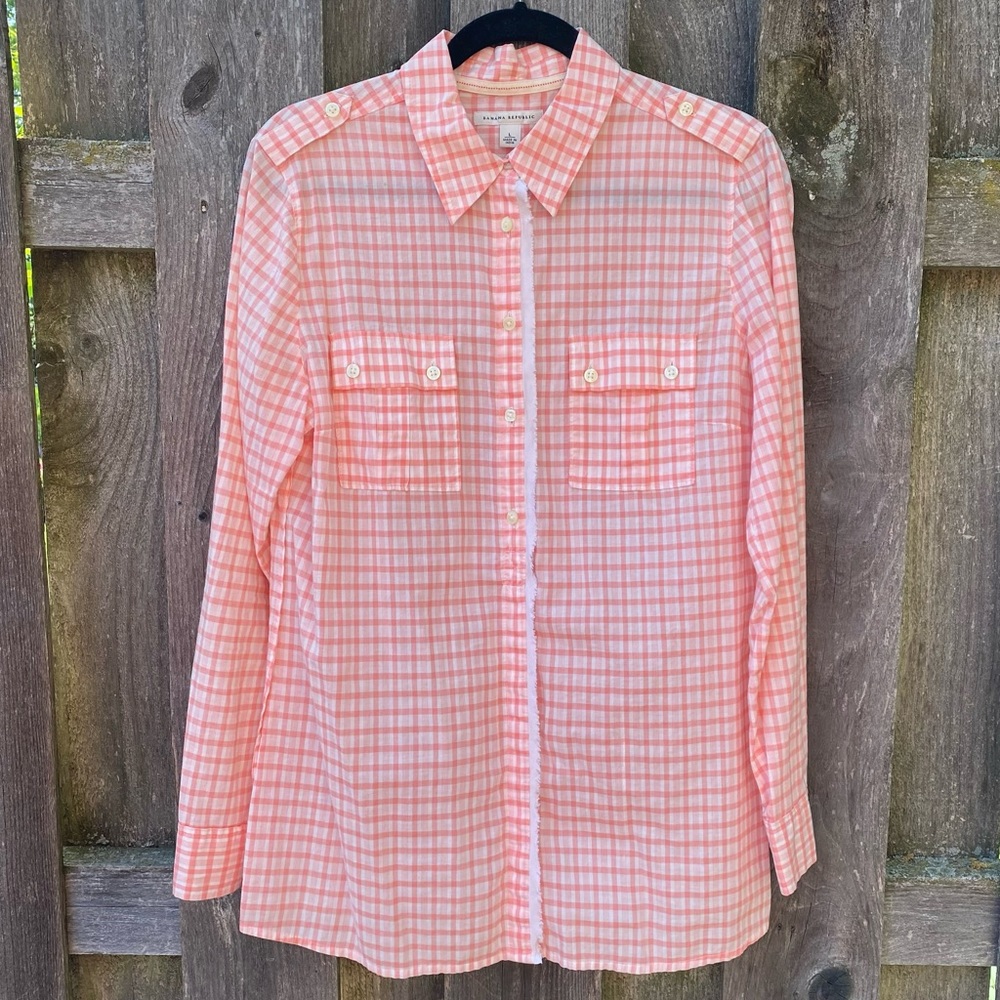 Peach orange plaid long sleeve button down shirt